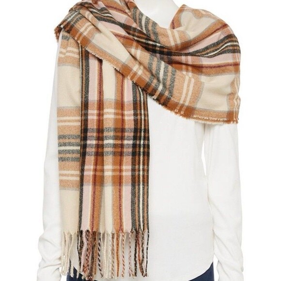 Nine West Women’s Plaid Twisted Fringed Textured Touch  Soft Wrap Scarf New - Picture 1 of 5